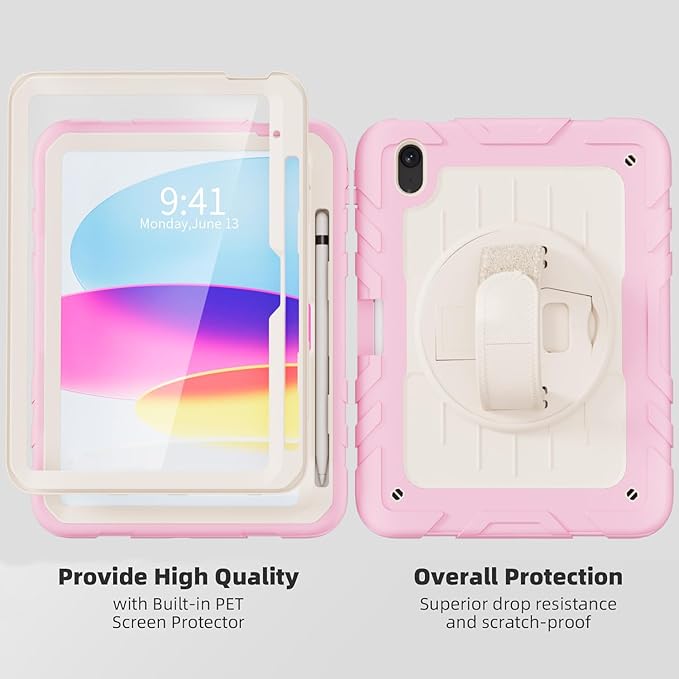 Case for iPad 10th Generation 10.9inch 2022with Built-in Screen Protector and KickstandHand StrapShoulder Strap for New Apple iPad 10.9 Inch(Pink/Beige)