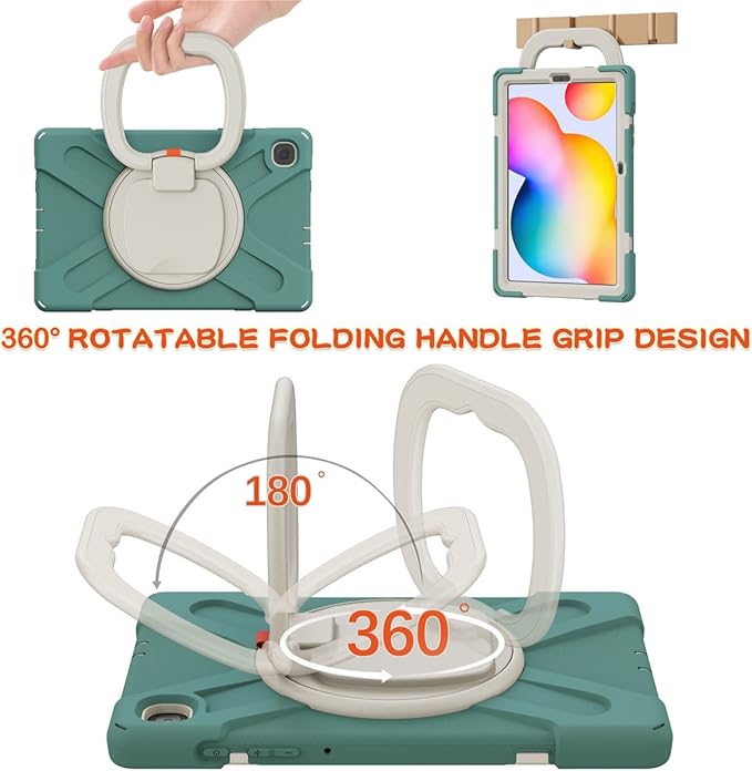 360 Rotation Case for Samsung Galaxy Tab S6 Lite 10.4 Sturdy Cover Rotate Ring Stand Shoulder Carrying Strap Hand Strap Rugged Children Adults Outdoor Case (DarkGreen)
