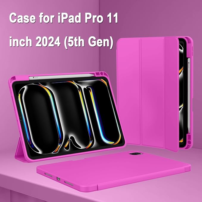 ZryXal iPad Pro 11 Inch Case (M5) 2025/ (M4) 2024 (Model: A2836/A2837/A3006) Trifold Stand Smart Cover with Pencil Holder and Soft TPU Back Auto Wake/Sleep (Deep Pink)
