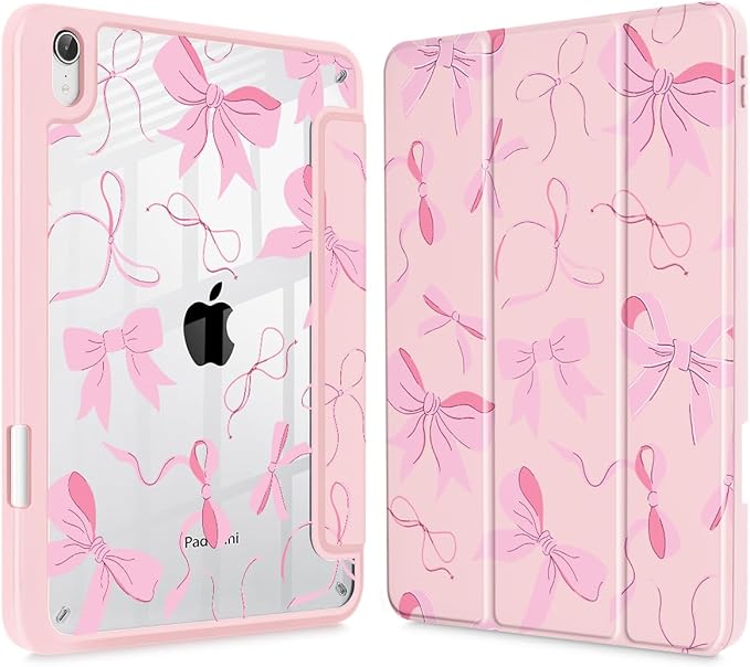 May Chen Slim Case for iPad mini 7 (A17 Pro 7th Generation) 2024 / iPad mini 6 (6th Gen) 8.3 Inch [Built-in Pencil Holder] Shockproof Cover Clear Clear Back Shell Auto Wake/Sleep Pink Bow