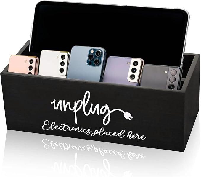 CHONIC Unplug Box Farmhouse Style Be Present Basket Cell Phone Jail Family Time Out Charging Station for Phone Tablet Electronics Holder (Black)