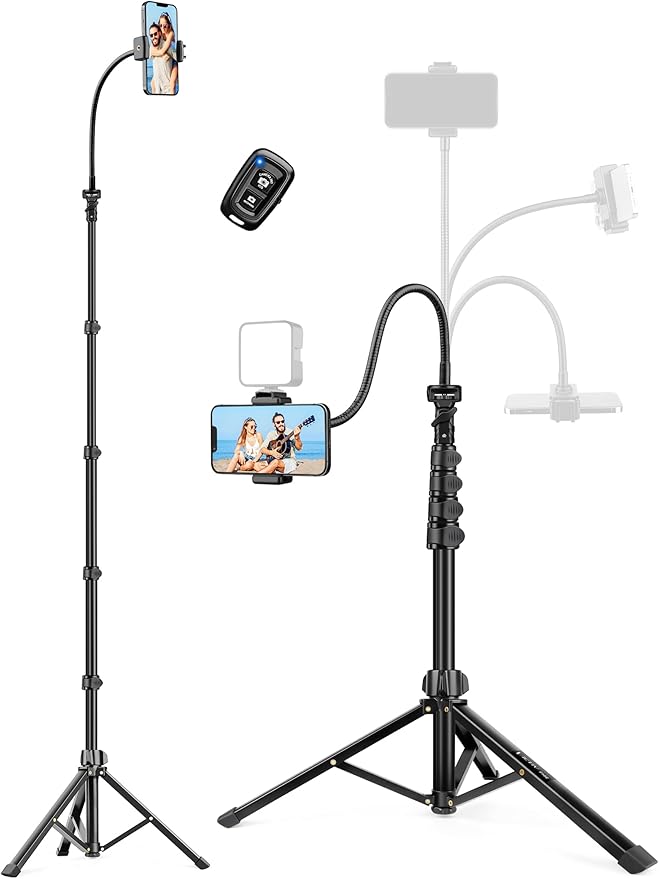 Phone Tripod Stand 85 Tall Cellphone Tripod for iPhone with Gooseneck Remote Flexible Portable Phone Stand for Recording Compatible with iPhone 14 13 12 pro Android Camera