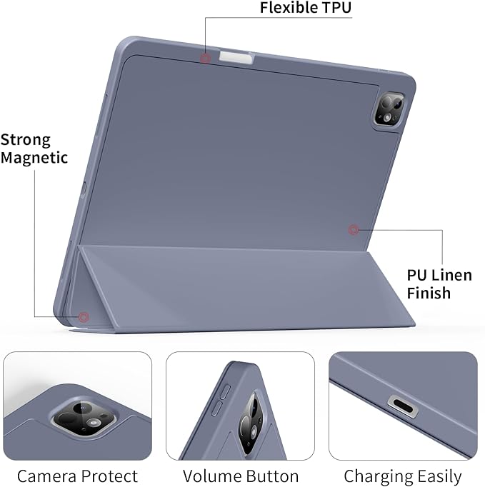 for iPad Pro 13 inch Case (M5/M4) 2025/2024 Slim Protective Cover with Pencil Holder Soft TPU Back Cover Trifold Stand Auto Wake/Sleep A2925 A2926 A3007 A3362 A3359 (Purple)