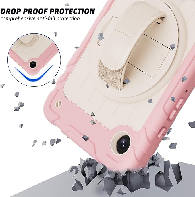 Case for Samsung Galaxy Tab A9 Case 8.7 Inch 2023 with 360 Rotating Hand Strap &amp Shoulder StrapProtective Case for Galaxy Tab A9 8.7 Tablet SM-X110/X115/X117 (Pink+White)