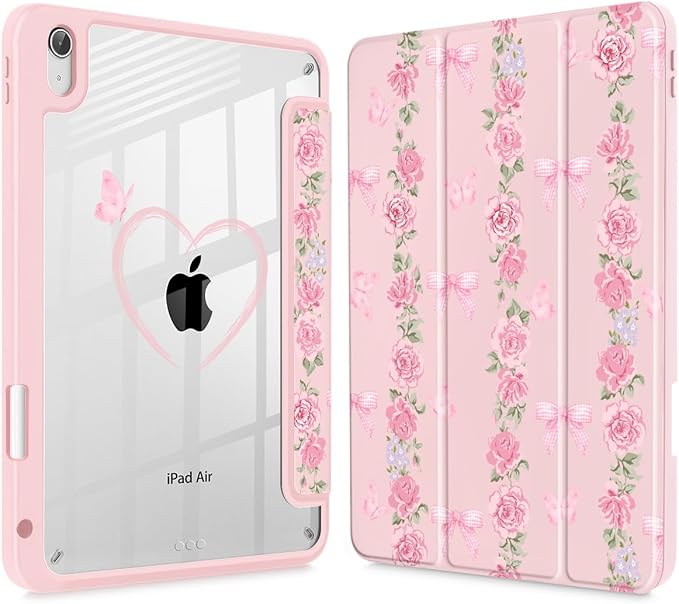 May Chen Case for iPad Air 13 Inch M4 2026 M3 2025 M2 2024 [Built-in Pencil Holder] Shockproof Cover with Clear Transparent Back Shell Auto Sleep/Wake Cover Bow &amp Rose Flower
