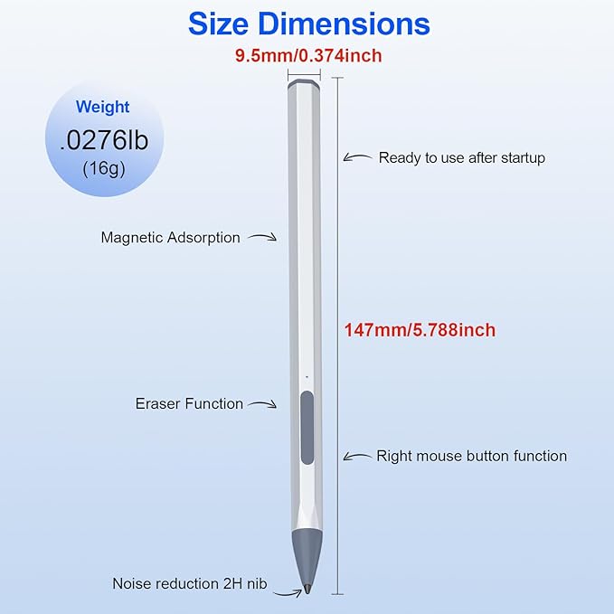 Stylus Pen for HP Envy X360 Pavilion X360 Specter X360 Spectre X2 Envy X2 Rechargeable MPP 2.0 Tilt Active Pen with 4096 Pressure Sensitivity Palm Rejection Magnetic Attachment Function Silver