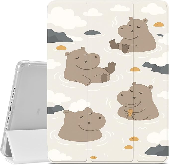 JOYLAND Funny Bathing Hippo Case for iPad Air 11 M3(2025)/M2(2024) iPad Air 5th(2022)/4th (2020) Gen 10.9 Pencil Holder &amp Clear Transparent Back &amp Trifold Smart Tablet Cover for Girls Wome