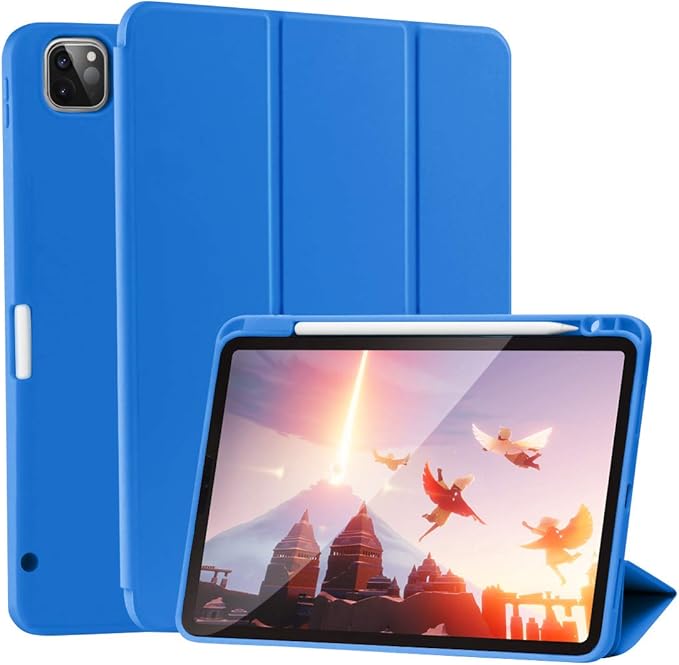 SIWENGDE Cases for iPad Pro 12.9 Case 6th/5th/4th Generation (2022/2021/2020) with Pencil Holder [Apple Pencil Wireless Charging] Soft TPU Smart Tri-fold Stand Protective Cover(Blue)