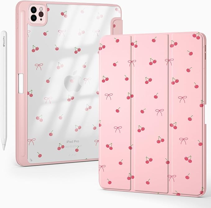 Cute Kawaii Cherry Bow for iPad Pro 12.9 Inch Case 5th/6th Generation 2022/2021/2020 with Pencil Holder Auto Sleep/Wake Pink Leather Clear Acrylic Back Cover