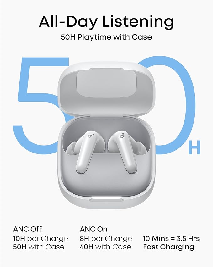 Soundcore P31i by Anker Real-Time Adaptive Noise Cancelling Hi-Res Sound Translation Earbuds 50H Playtime Wireless Earbuds Bluetooth Earphones Spatial Audio Fast Charging IP55 (White)