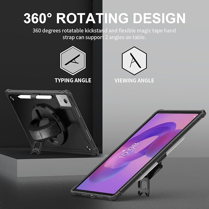 Junfire Protective Case for Lenovo Idea Tab Plus 12.1 inch 2025/Tab K12 Shockproof Hard Shell Idea Tab Plus Case with 360°Rotating Kickstand/Hand Strap/Shoulder Strap/Stylus Holder-Black