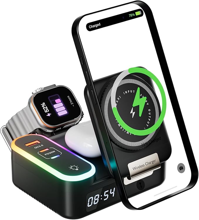 Qi2 Wireless Charger 8in1 Magnetic Wireless Charger Fast Charging Station for iPhone 65W Fast Foldable Charger with LED Clock USB-C/A Ports Multi-Device Charging Travel charged MagSafe Compatible