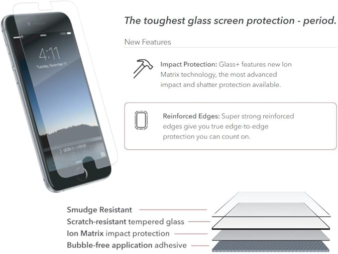 ZAGG InvisibleShield Glass+ Screen Protector Fits iPhone 8 / iPhone 7 / iPhone 6s / iPhone 6 – Extreme Impact &amp Scratch Protection – Easy To Apply Tools Included - Seamless Touch Sensitivity - Bu