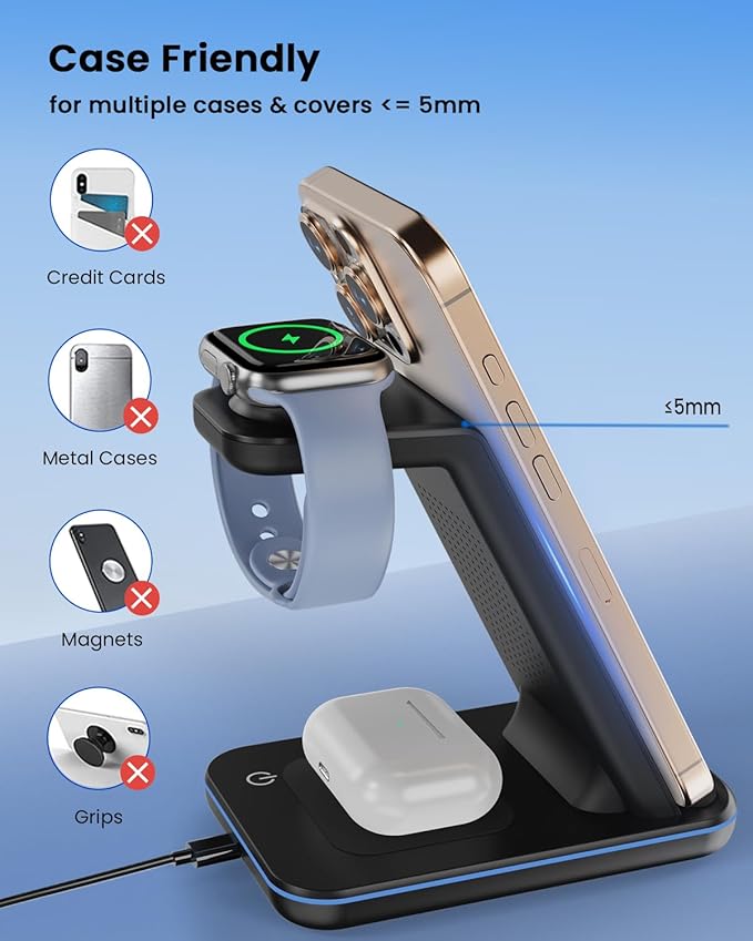 Wireless Charger Stand CIYOYO 3 in 1 Fast Wireless Charging Station Dock for Apple Watch 11/9/8/7/6/SE/5/4/3/2 Airpods 3/2/Pro iPhone 17/16/15/14/14 Plus/14 Pro Max/13/13 Pro/12/12 Pro/SE/X/XR/XS/8