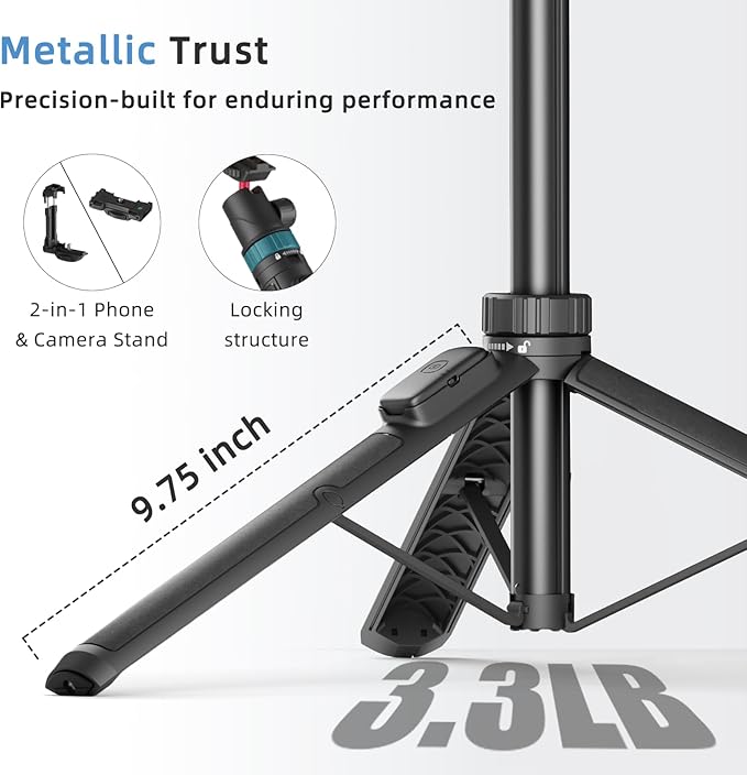 KINGJOY 66 Phone Tripod &amp Camera Selfie Stick Lightweight Travel Stand with Lockable Base 360° Ball Head Cold Shoe and Wireless Remote Expandable to 66.2 for Vlogging &amp Photography