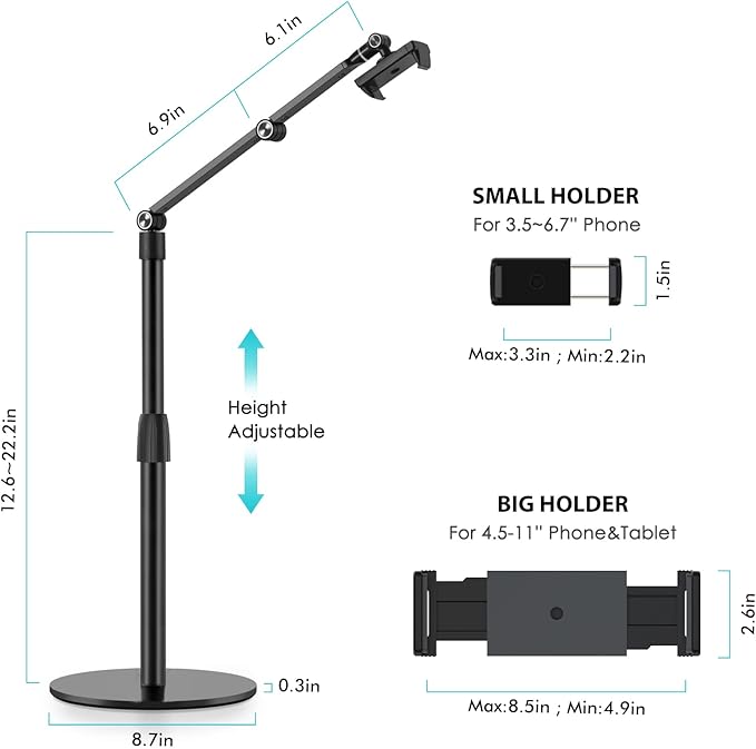 Viozon Tablet Phone Overhead Stand Height &amp 360 Degree Angle Adjustable Aluminum Desktop Stand Compatible with 3.5-11 Cellphone or Tablet Such as iPhone iPad Pro Air Mini Samsung Nexus(AP-4P
