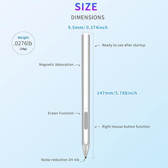 Stylus for Microsoft Surface Pro9/8/7/6/5/4/3/X Surface Laptop/Book/Studio Surface 3/Go/Go2/Go3 4096 Pressure Sensitivity Magnetic Attachment USB Charging Palm Rejection Function Silver
