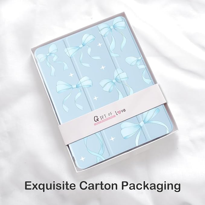 Cute Blue Ribbon Bow for iPad Pro 12.9 Inch Case 5th/6th Generation 2022/2021/2020 with Pencil Holder Auto Sleep/Wake Blue Leather Soft TPU Back Cover