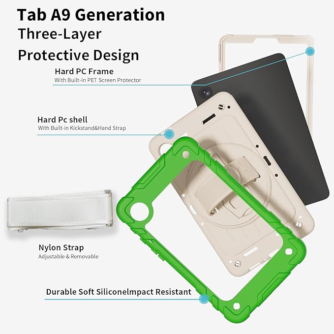 Case for Samsung Galaxy Tab A9 Case 8.7 Inch 2023 with 360 Rotating Hand Strap &amp Shoulder StrapProtective Case for Galaxy Tab A9 8.7 Tablet SM-X110/X115/X117 (Green+White)