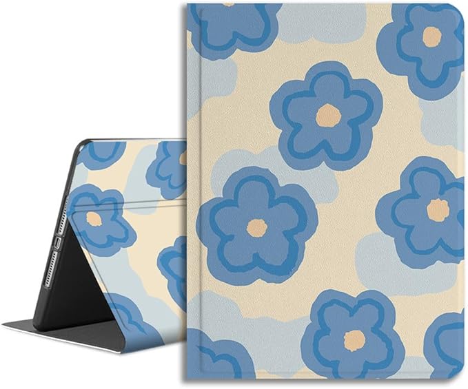 Compatible with iPad Case 9/8/7th Gen 10.2 / iPad Air 3rd 10.5 - Folio Cute Cover - with Art Design for Women - Auto Wake/Sleep Premium Leather with Pencil Holder - Teal Blue Flower