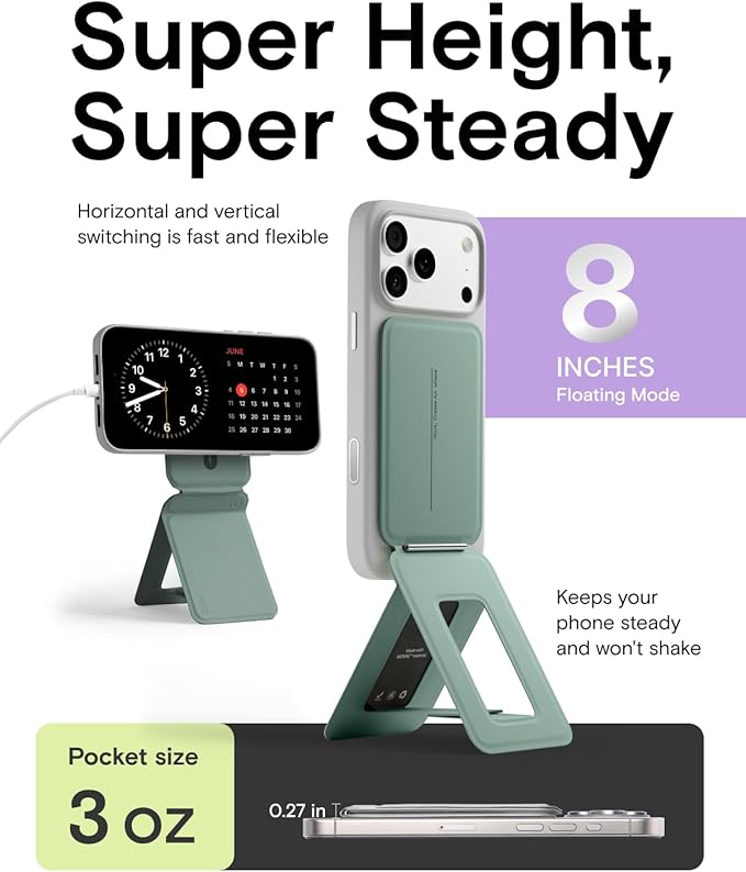MOFT Phone Stand Magnetic Phone Tripod Stand Stain-Resistant MOVAS Leather &amp Angle Adjustment &amp Strong Magnets Tripod for iPhone 17/16/15/14/13/12 (Included Metal Ring)-Seafoam