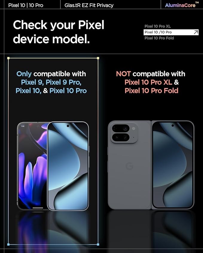 Spigen AluminaCore Tempered Glass Screen Protector [GlasTR EZ FIT - Privacy] designed for Pixel 10 Pro | Pixel 10 | Pixel 9 Pro | Pixel 9 [2 Pack] Aluminum-Enhanced Durability and Impact Resistance