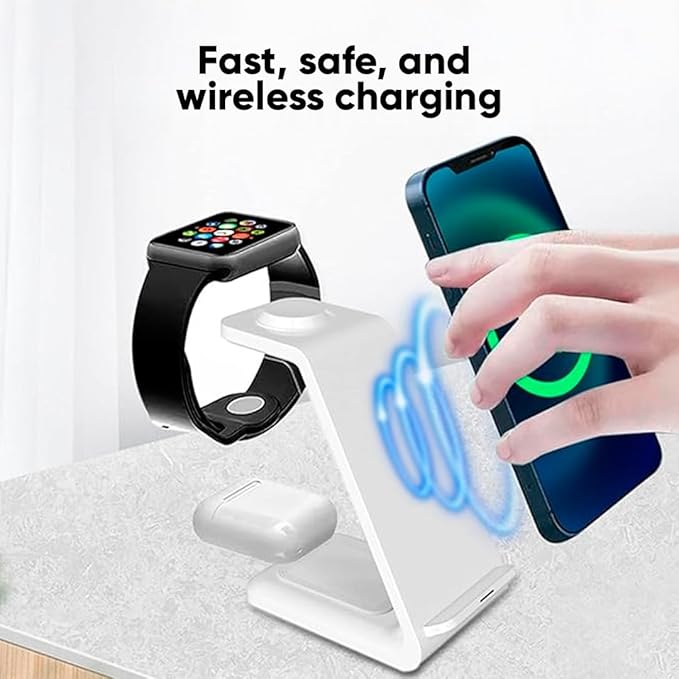 3-in-1 Magnetic Wireless Charger – Fast Charging Dock for iPhone Apple Watch &amp AirPods – Foldable Stand with USB-C Cable (White)