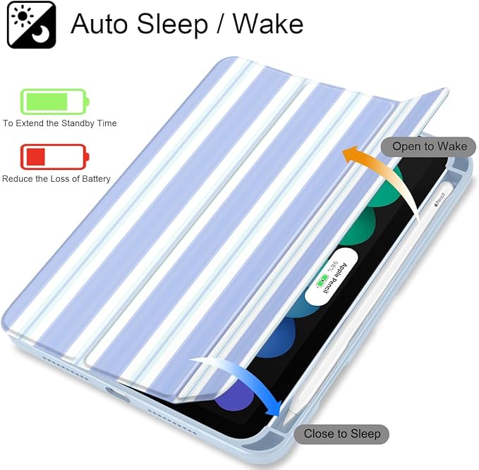 Mektron Printed Case for iPad mini 7 (A17 Pro) 2024/ Mini 6 2021 iPad mini 7th/6th Generation 8.3-inch Liquid Retina Display Cover Buit in Pencil Holder with Clear Back Shell Blue Striped