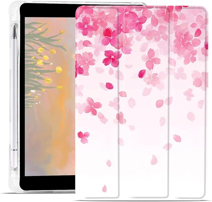 Aesthetic Cherry Blossom Case for iPad 5th/6th Generation(2017/2018) for iPad Air/Air 2 9.7 Inch Cute Sakura Design Foldable Leather Protective Cover Soft Back with Pencil Holder