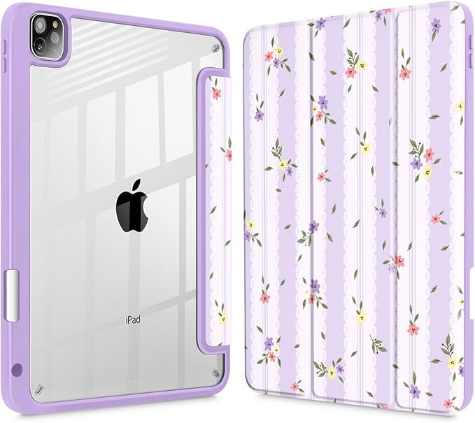 Mektron Case for iPad Pro 11 inch Case M2 2022 Generation 4th Fit 2021 2020 2018 iPad Pro 11 (3rd 2nd &amp 1st Gen) -Buit in Pencil Holder with Shockproof Cover Clear Shell Flowers &amp Adorable