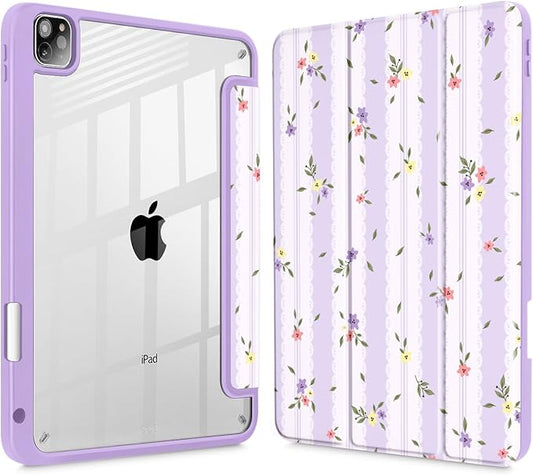 Mektron Case for iPad Pro 11 inch Case M2 2022 Generation 4th Fit 2021 2020 2018 iPad Pro 11 (3rd 2nd &amp 1st Gen) -Buit in Pencil Holder with Shockproof Cover Clear Shell Flowers &amp Adorable