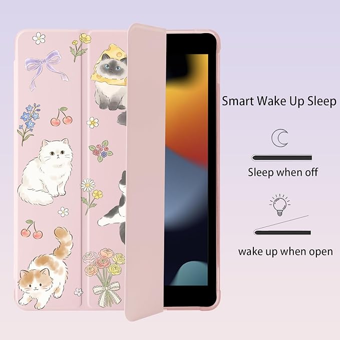 Cue Kawaii Kitten Cat Flower for iPad 5th/6th Generation Case with Pencil Holder Auto Sleep/Wake Pink Leather Soft TPU Back Cover for iPad 9.7 Inch