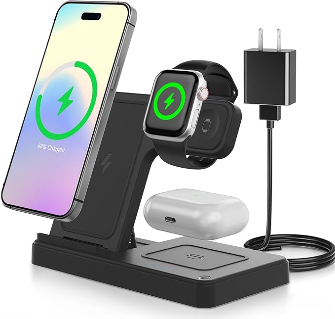 3-in-1 Wireless Charging Dock with StandCharging Solution for Bedroom and Travel Compatible with iPhone 17/16/15/14/13/12 Series for Apple Watch Ultra/SE/Series 11–2 and for AirPods Pro 4/3/2