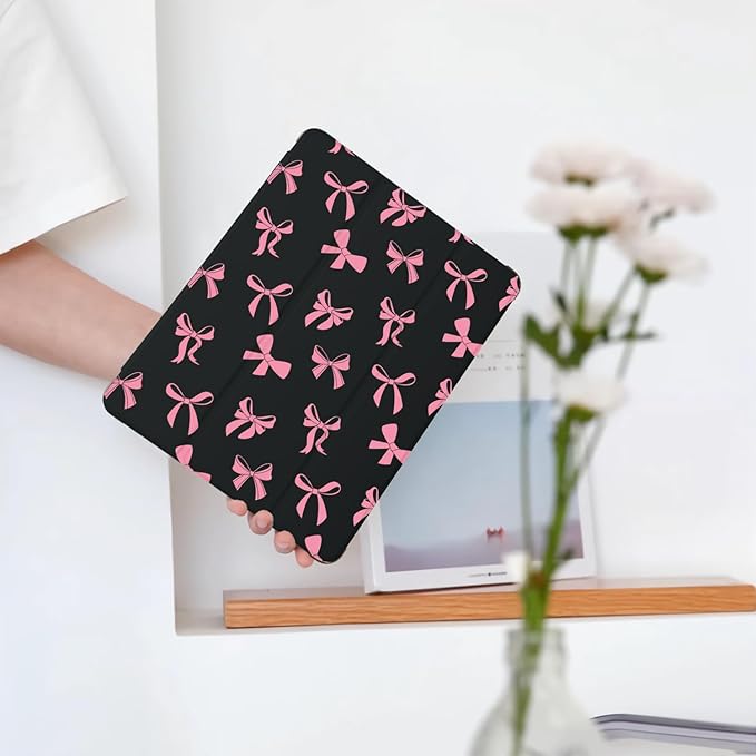 Cute Kawaii Bow for iPad Air 13 Inch Case M3 2025/M2 2024 with Pencil Holder Auto Sleep/Wake Black Leather Soft TPU Back Cover
