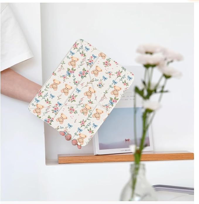 Cute Kawaii Bear Flower for iPad 7th/8th/9th Generation Case 10.2 Inch 2019/2020/2021 with Pencil Holder Auto Sleep/Wake White Leather Acrylic Back Detachable Cover