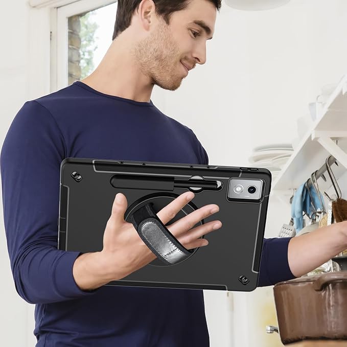 Junfire Protective Case for Lenovo Idea Tab Pro 12.7 inch 2025 Shockproof Idea Tab Pro (TB-373FU/TB-375FC) Case with 360°Rotating Kickstand/Hand Strap/Shoulder Strap/Stylus Holder-Black