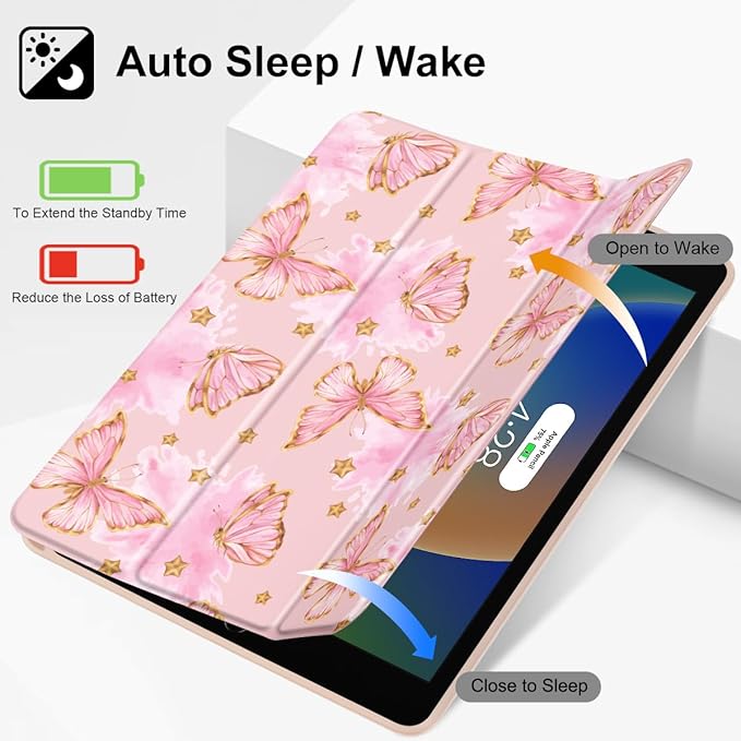 Tuiklol Case for iPad 10.2 Inch 2021 2020 2018 Release 9th / 8th / 7th Generation Built-in Pencil Holder TPU Protective Stand Back Cover Trifold Stand-Auto Wake/Sleep Butterfly Pink