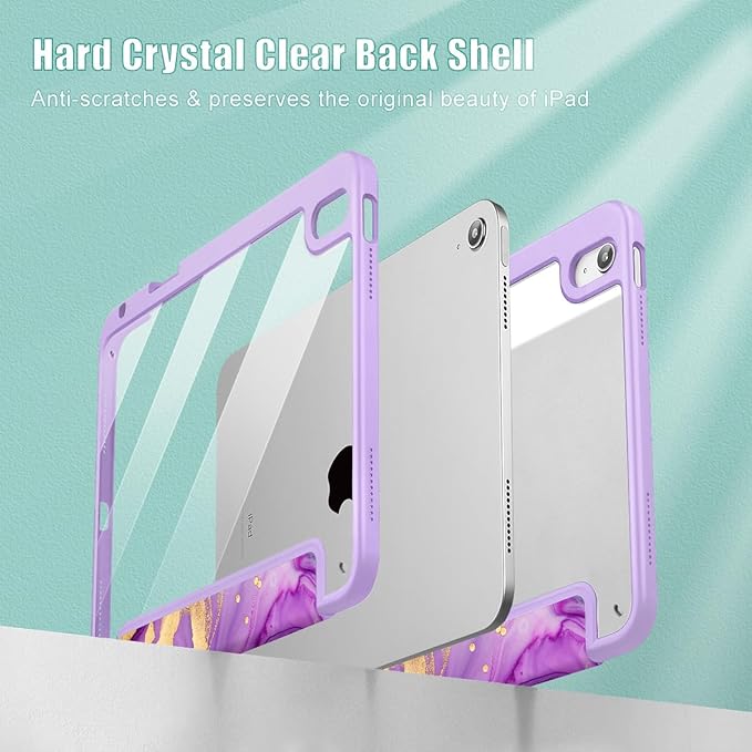 May Chen for iPad (A16) 11th Generation Case 11 Inch 2025 iPad 10th Gen Case 2022 10.9 inch Built-in Pencil Holder with Shockproof Cover Clear Transparent Back Shell Auto Wake/Sleep Purple Roses
