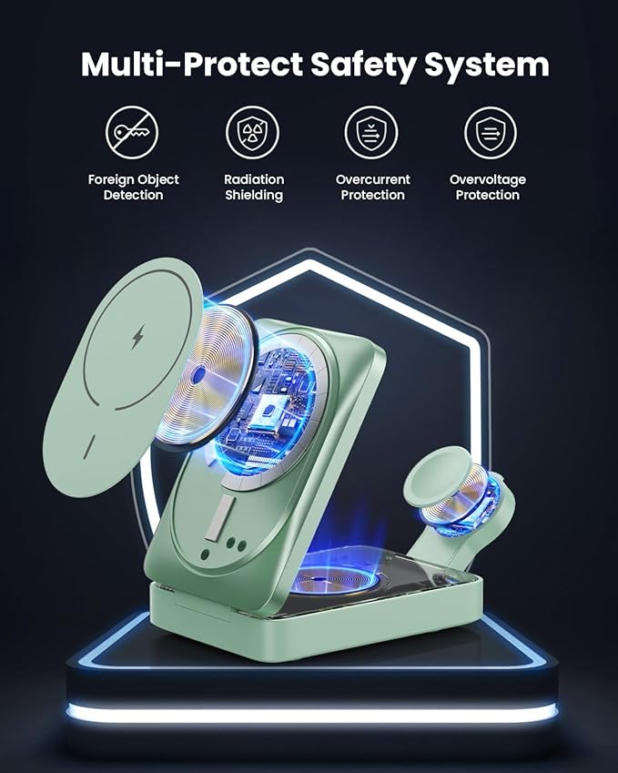 3-in-1 Wireless Charger Charging Station for iPhone 15W Fast Charging Foldable Magnetic Charger Stand with 30W USB C Adapter for MagSafe iPhone 16/15/14/13/12 Apple Watch AirPods