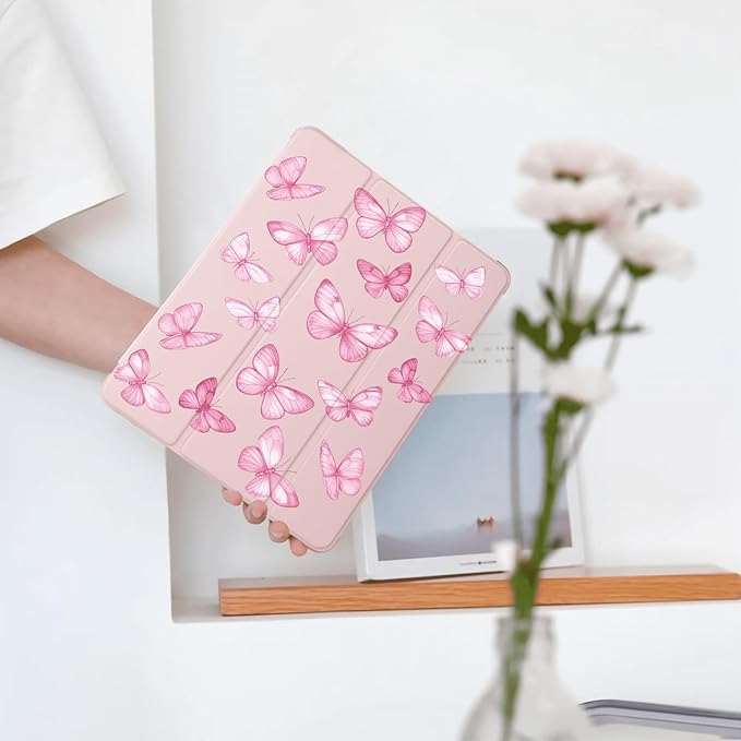 Cute Y2K Pink Butterfly for iPad Air5/Air4 Case with Pencil Holder Auto Sleep/Wake Pink Leather Soft TPU Back Cover for iPad 10.9 Inch 2022/2020