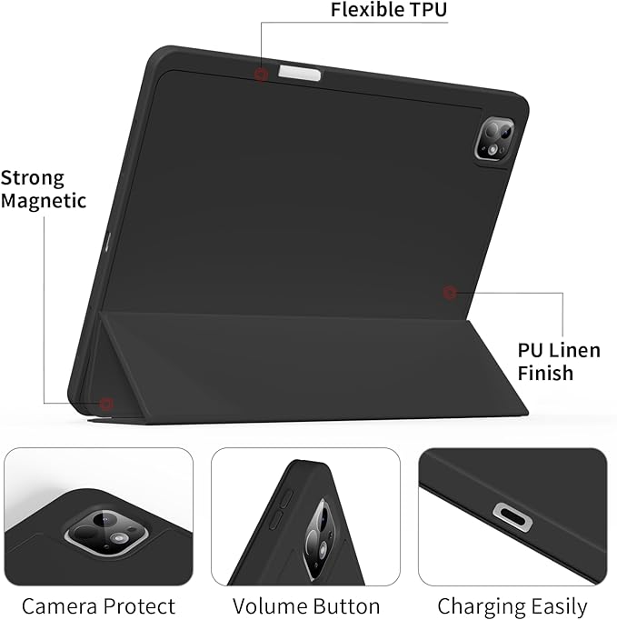 for iPad Pro 13 inch Case (M5/M4) 2025/2024 Slim Protective Cover with Pencil Holder Soft TPU Back Cover Trifold Stand Auto Wake/Sleep A2925 A2926 A3007 A3362 A3359 (Black)