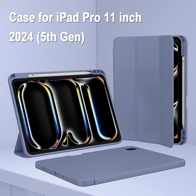 ZryXal iPad Pro 11 Inch Case (M5) 2025/ (M4) 2024 (Model: A2836/A2837/A3006) Trifold Stand Smart Cover with Pencil Holder and Soft TPU Back Auto Wake/Sleep (Lavender)
