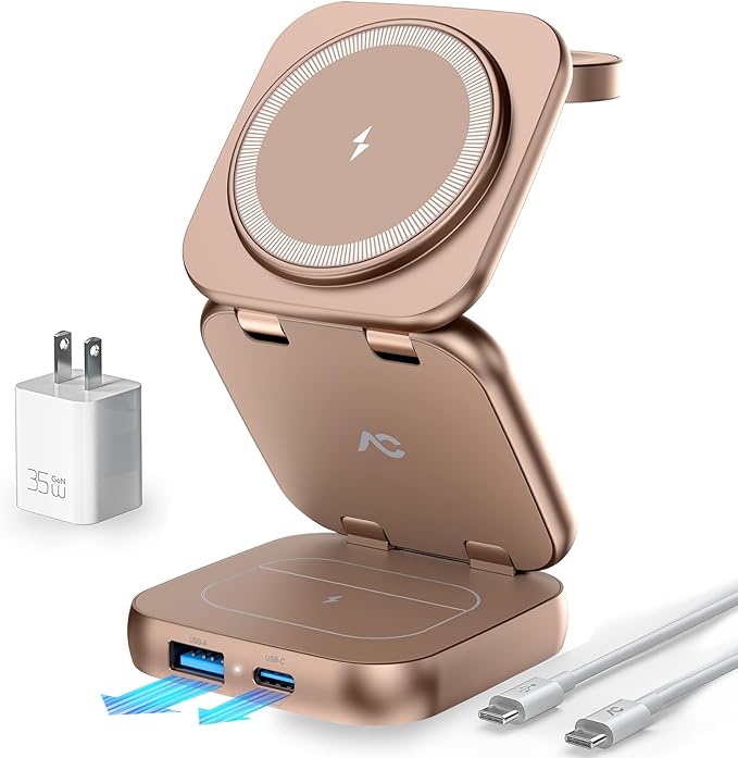 5-in-1 Wireless Charger for MagSafe AC ISLAND Portable Travel Charging Station 35W Max Fast Foldable Magnetic Stand Evolved for iPhone 17-12 &amp Air Series Apple Watch AirPods (with 35W Adapter