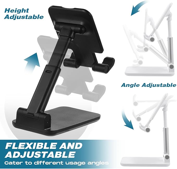 12 Pcs Cell Phone Stand Desk Table Adjustable Angle Height Phone Stand Foldable Portable Mobile Holder Silicone Pad Smartphone Tablet Holder Bulk for Office Travel Filming (WhiteBlack)