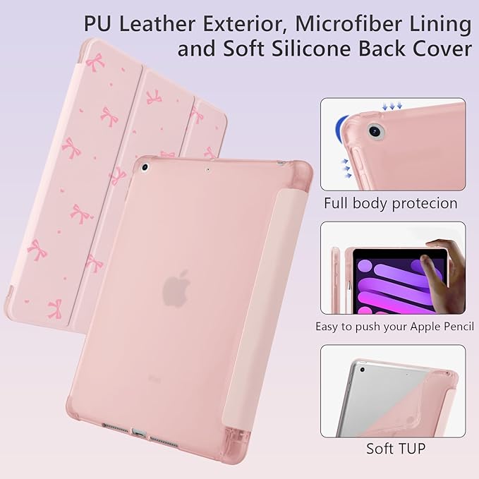 Cute Pink Bow Kawaii for iPad Air5/Air4 Case with Pencil Holder Auto Sleep/Wake Pink Leather Soft TPU Back Cover for iPad 10.9 Inch 2022/2020