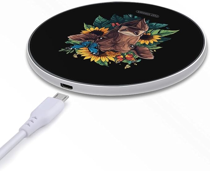 Floral Cow Head Wireless Charger Anti-Slip Wireless Charging Pad Slim Charger Mat for Men Women
