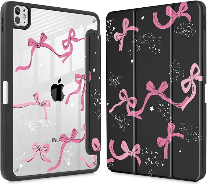Tuiklol for iPad Pro 11 Inch (M5 2025 / M4 2024) Case Buit-in Pencil Holder with Slim Clear Back Cover Protection Trifold Stand-Auto Wake/Sleep Tablet Case Black Flower Bow-Black