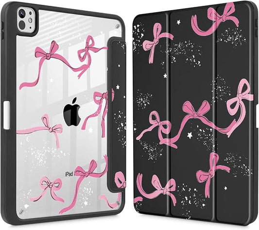 Tuiklol for iPad Pro 11 Inch (M5 2025 / M4 2024) Case Buit-in Pencil Holder with Slim Clear Back Cover Protection Trifold Stand-Auto Wake/Sleep Tablet Case Black Flower Bow-Black