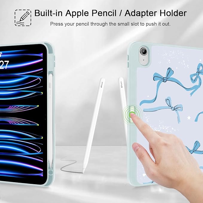 Tuiklol Case for iPad 10.2 Inch 2021 2020 2018 Release 9th / 8th / 7th Generation Built-in Pencil Holder TPU Protective Stand Back Cover Trifold Stand-Auto Wake/Sleep Bow-Blue