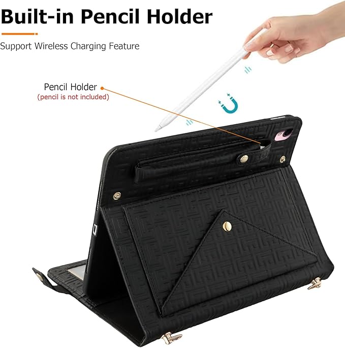 Dteck Handbag Case for iPad 9th/8th/7th Generation 2021/2020/2019 10.2 Inch with Pencil Holder Folio Stand PU Leather Crossbody Shoulder Hand Strap Card Pockets Magnetic Envelope Wallet CoverBlack